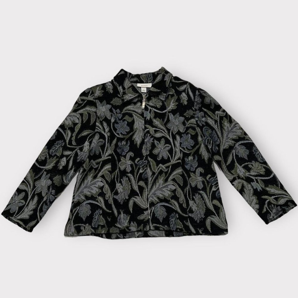 90s grunge/whimsy goth black, blue, and green floral tapestry jacket size L